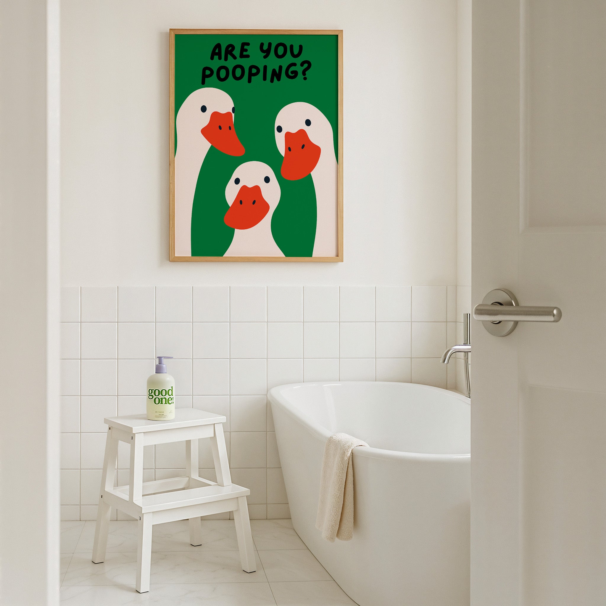 Bathroom with a humorous poster of ducks and a bathtub.
