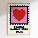 Fragile Handle With Care retro print in oak frame, postage stamp frame with red heart on pink and cream