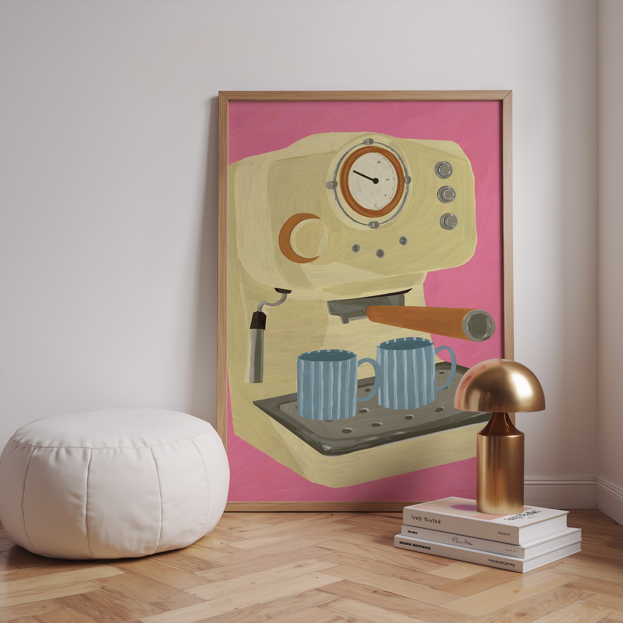 hand drawn espresso machine illustration wall art with two coffee cups modern coffee bar decor print