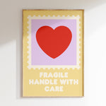 Fragile Handle With Care retro print in oak frame, postage stamp frame with red heart on violet and yellow