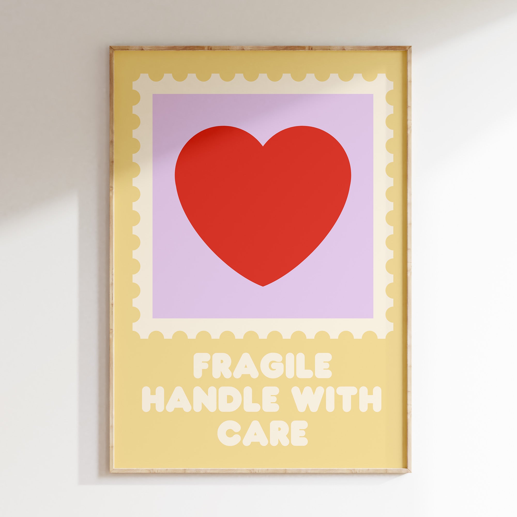 Fragile Handle With Care retro print in oak frame, postage stamp frame with red heart on violet and yellow