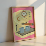 hand drawn espresso machine illustration wall art with two coffee cups modern coffee bar decor print