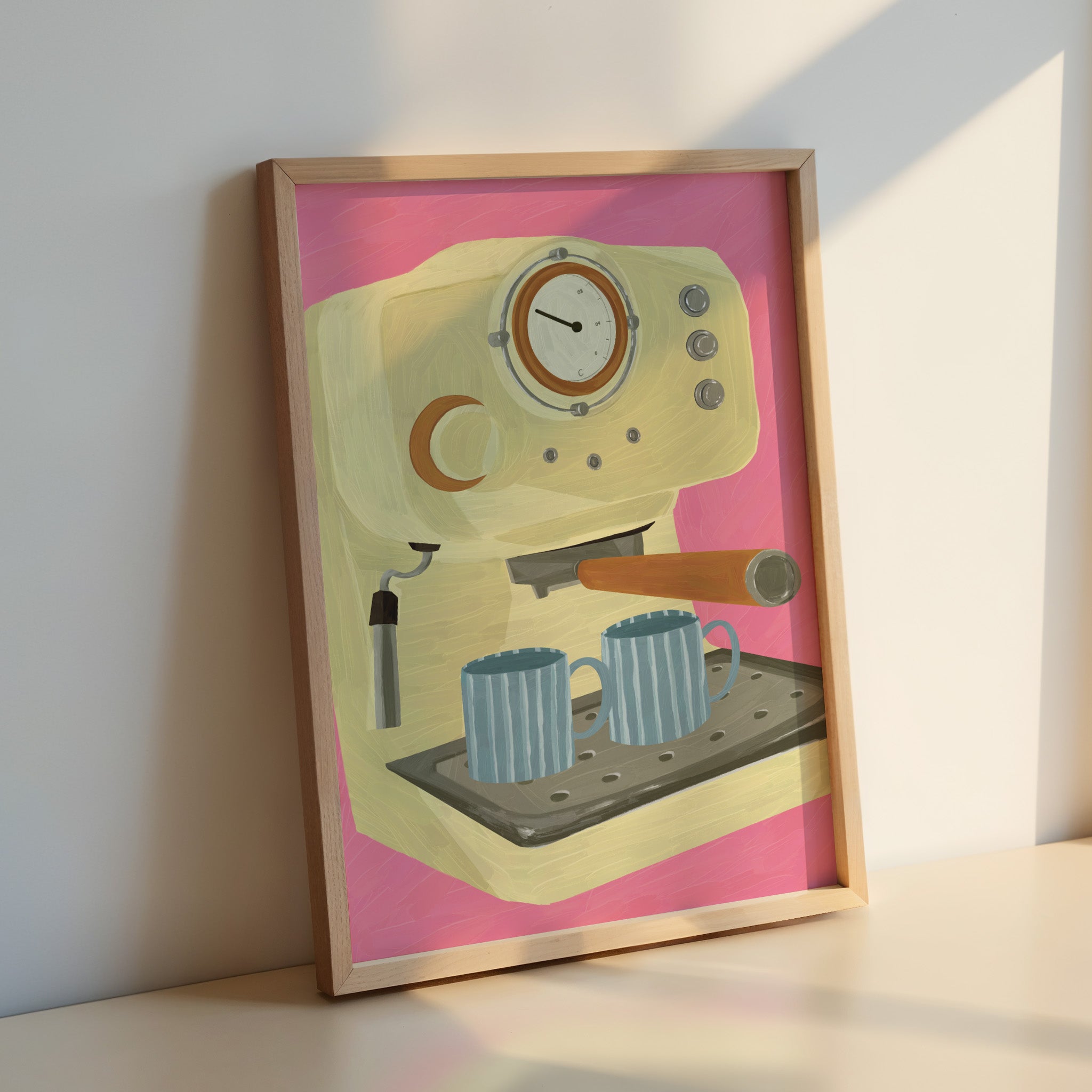 hand drawn espresso machine illustration wall art with two coffee cups modern coffee bar decor print