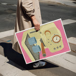 hand drawn espresso machine illustration wall art with two coffee cups modern coffee bar decor print