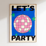 Let's Party retro print in oak frame, pink checkered disco ball with green stars on cobalt