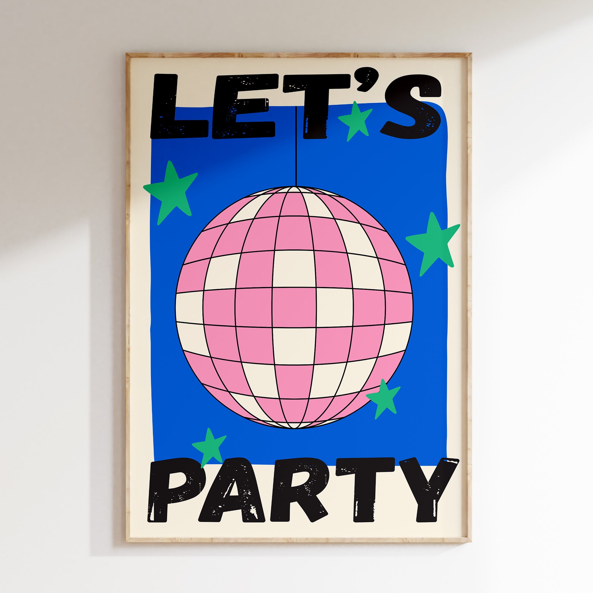 Let's Party retro print in oak frame, pink checkered disco ball with green stars on cobalt