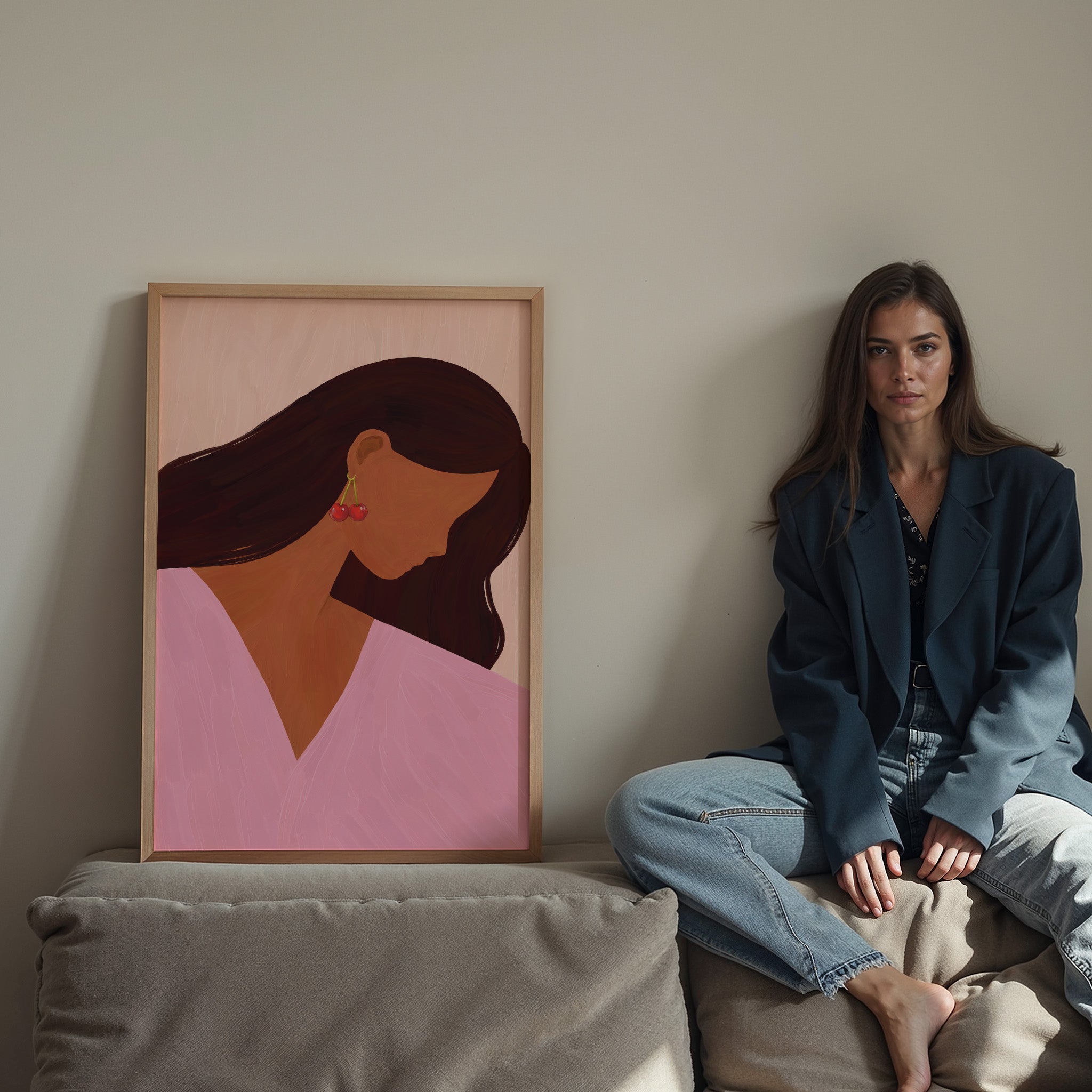 Woman sitting on a couch next to a framed artwork of a woman's face.
