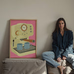 hand drawn espresso machine illustration wall art with two coffee cups modern coffee bar decor print