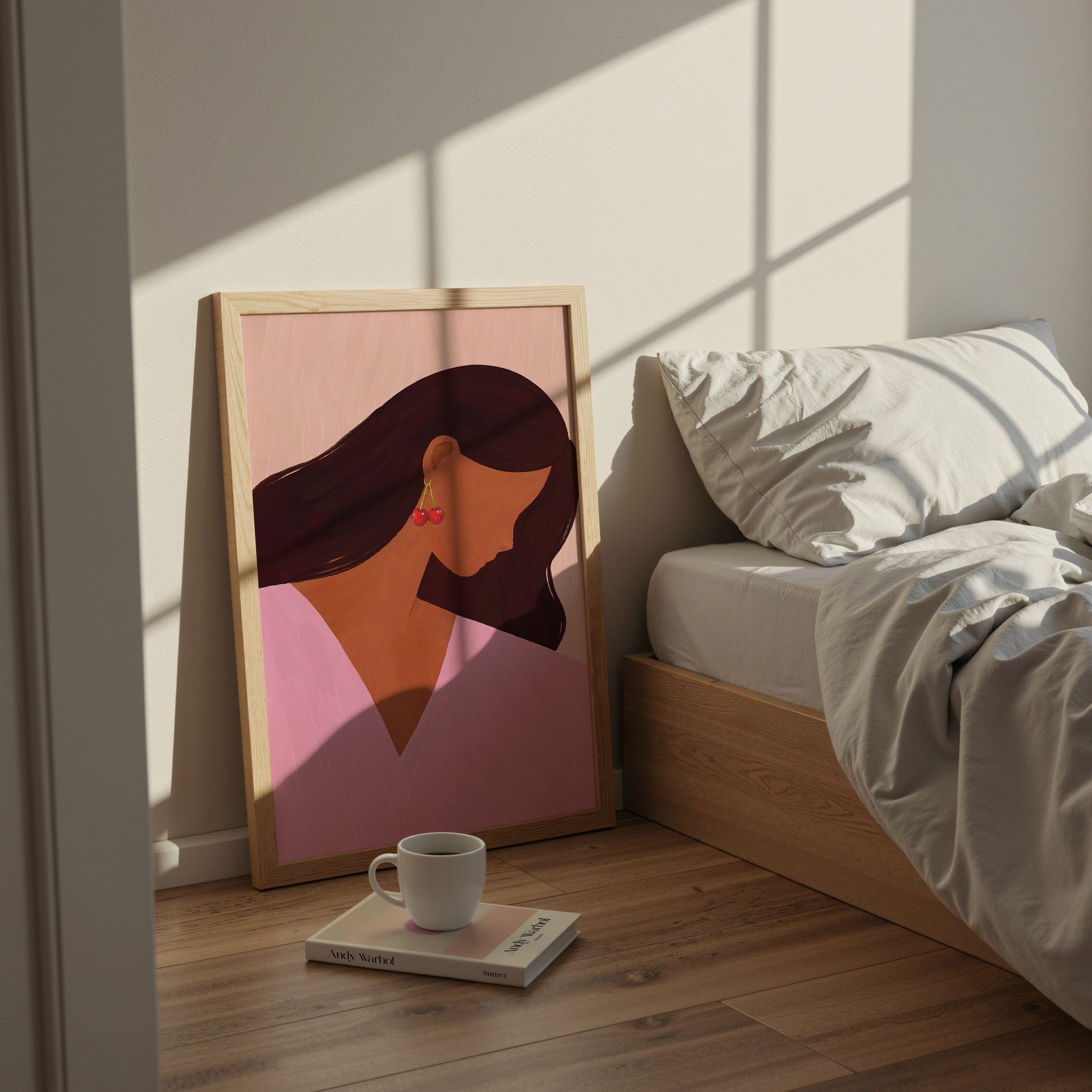 modern feminine portrait illustration with cherry earrings minimalist woman wall art