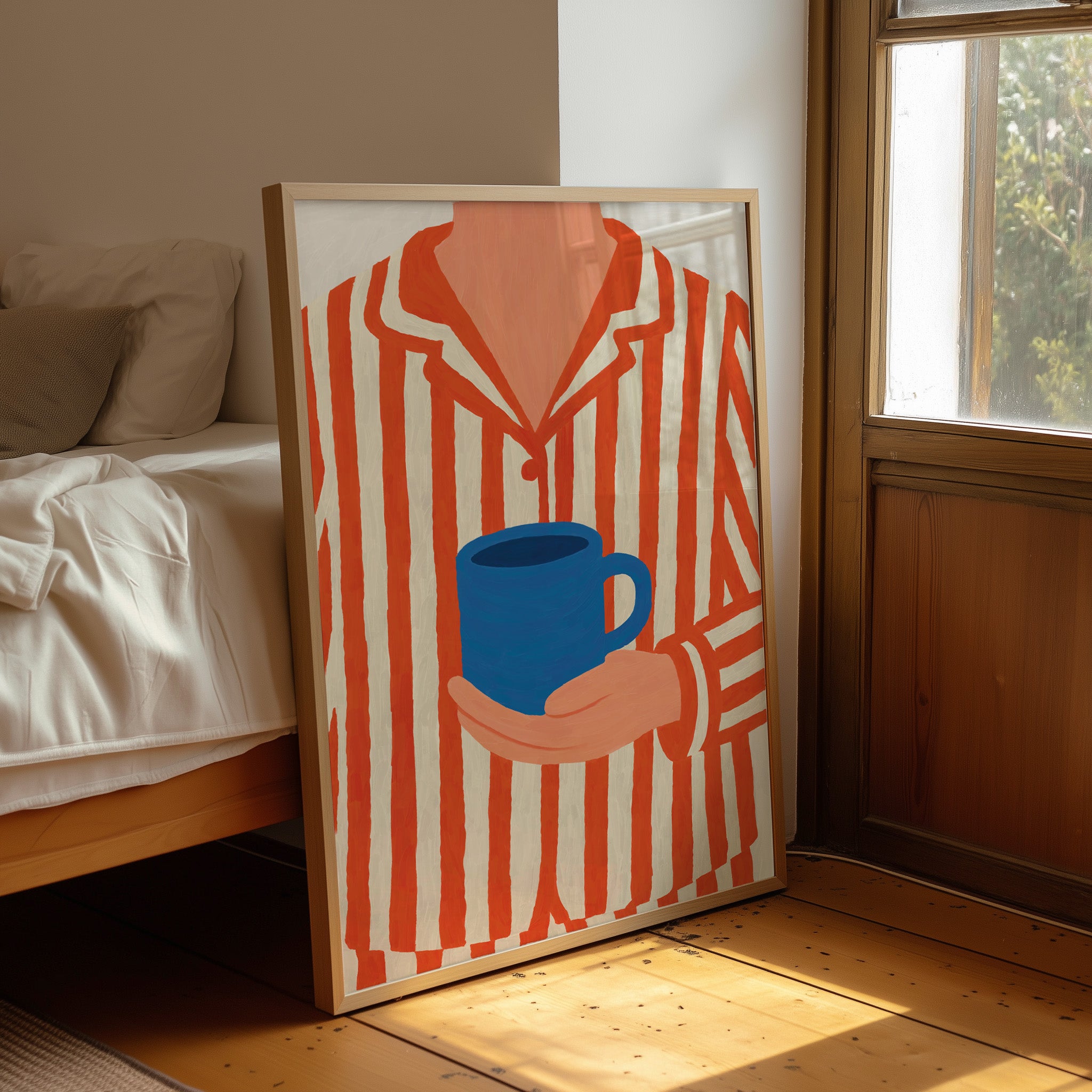 striped pajama coffee illustration poster cozy morning lifestyle wall art print
