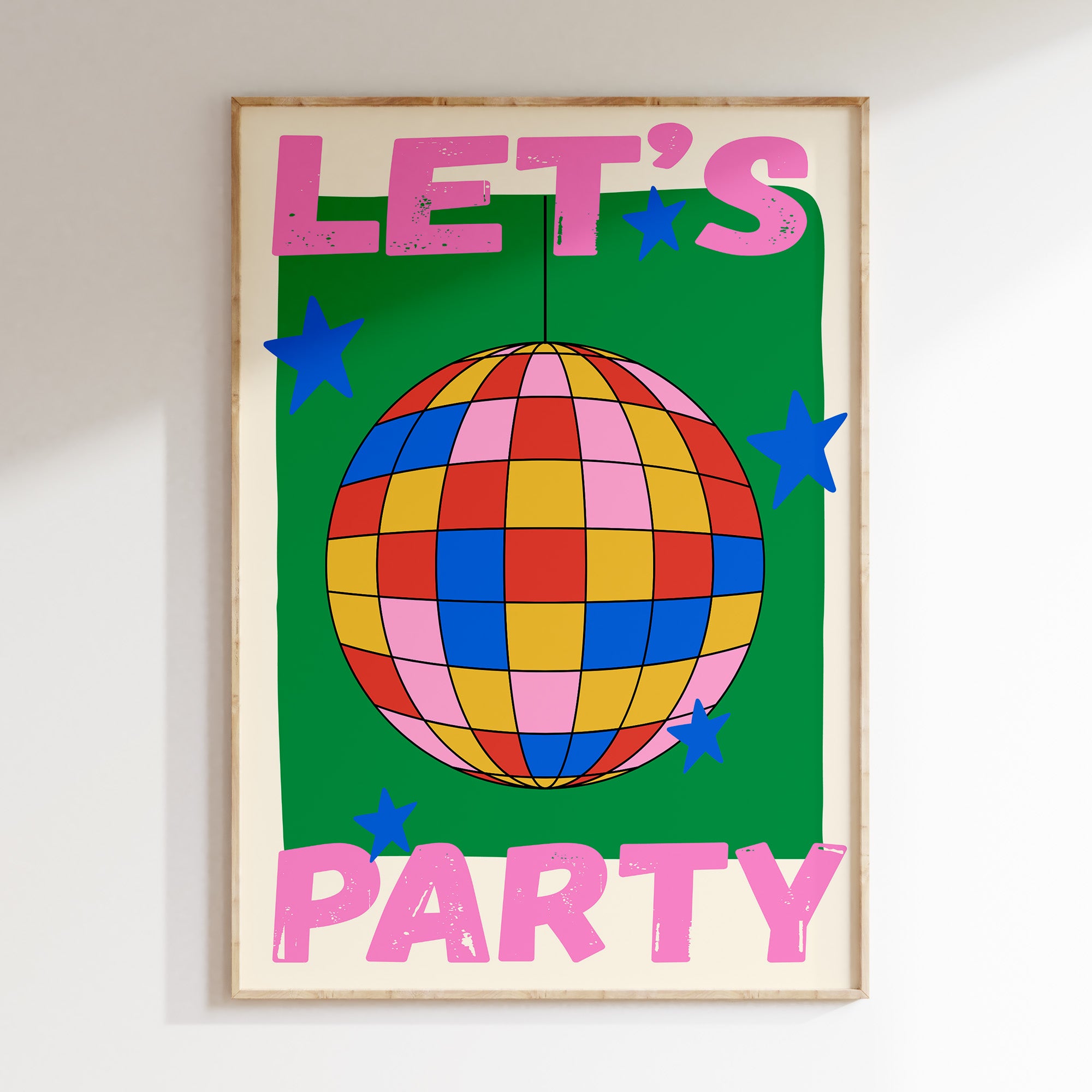 Let's Party retro print in oak frame, multicolor checkered disco ball with blue stars on green