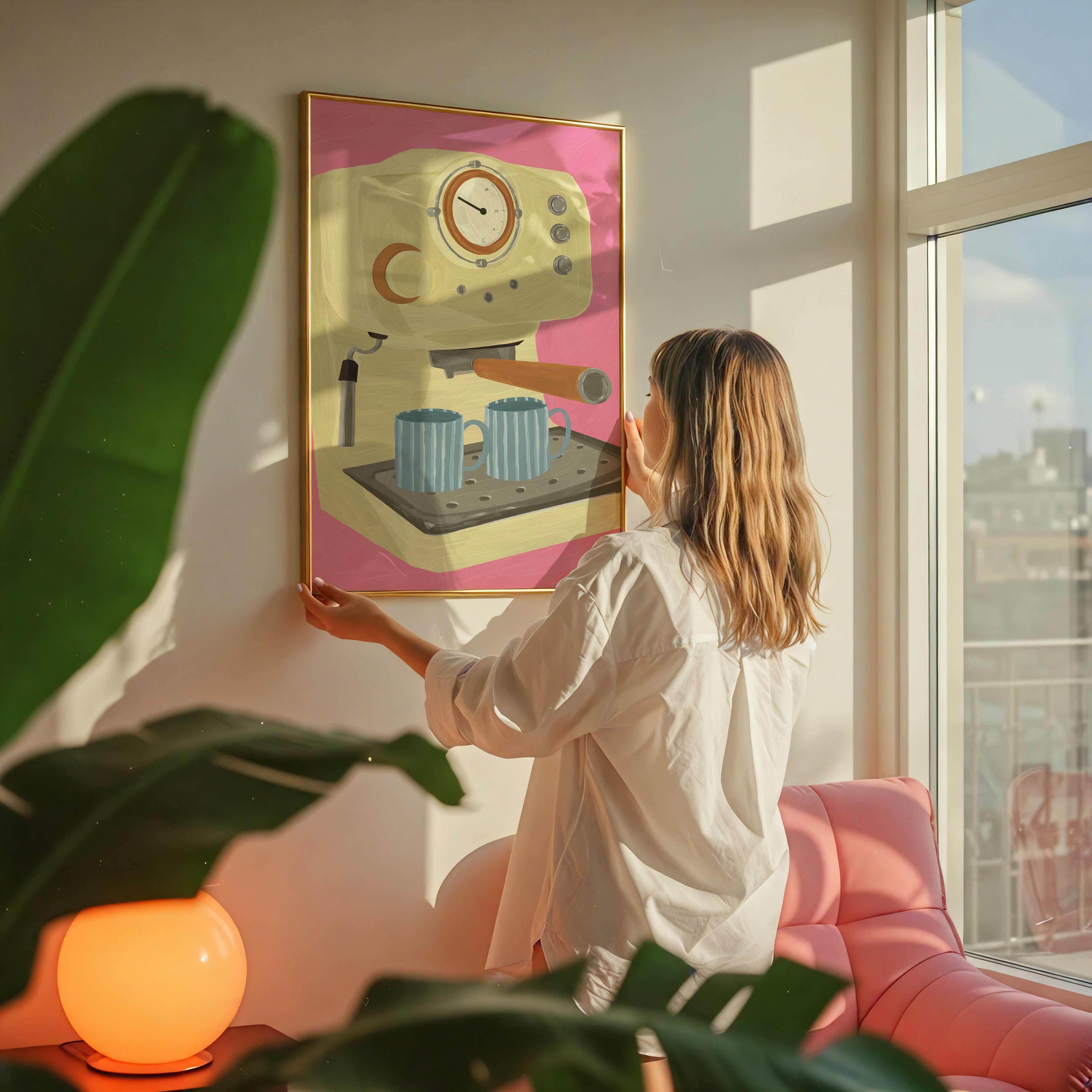 hand drawn espresso machine illustration wall art with two coffee cups modern coffee bar decor print