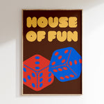 House Of Fun 2 (dice) retro print in oak frame, red and blue dice with yellow bubble lettering on brown