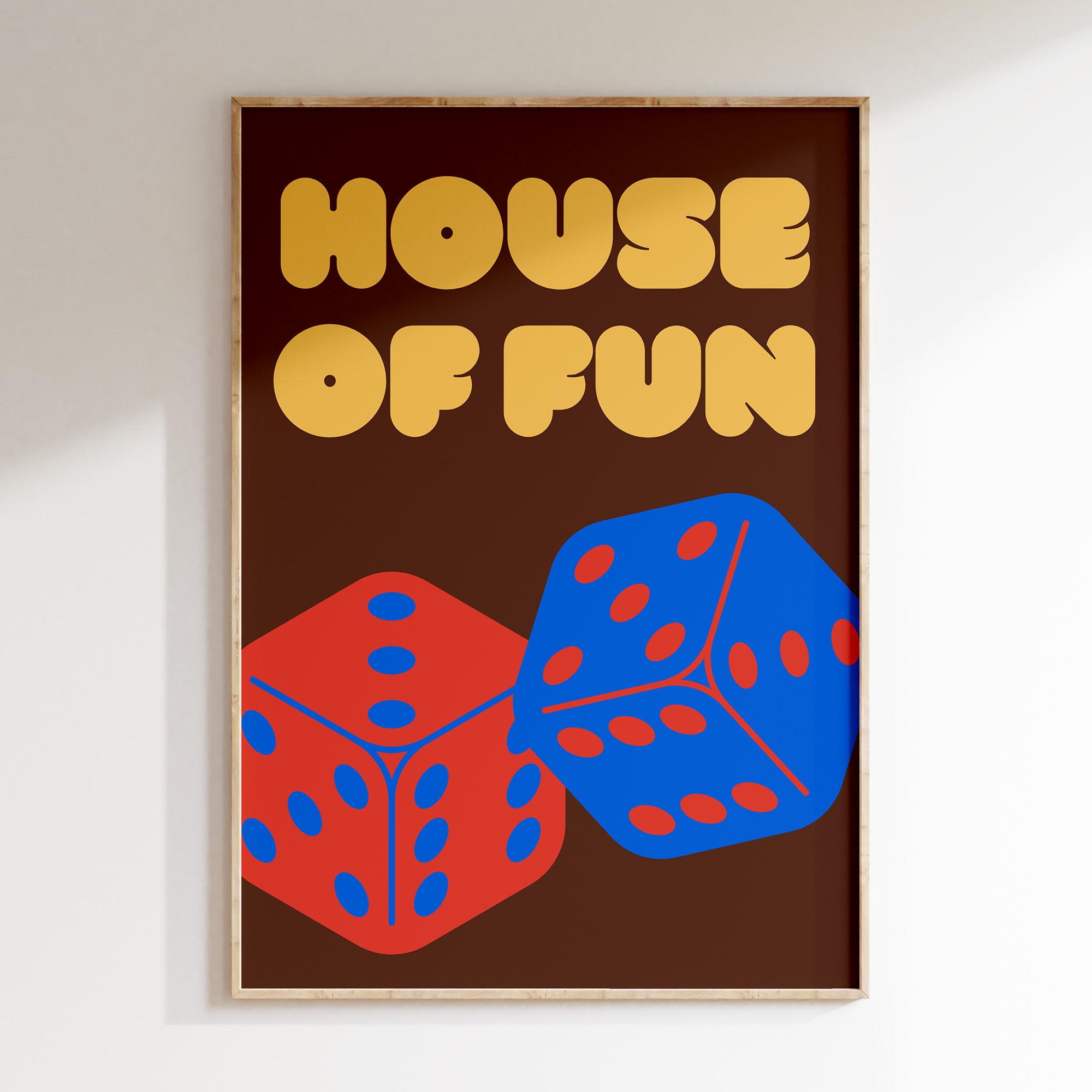 House Of Fun 2 (dice) retro print in oak frame, red and blue dice with yellow bubble lettering on brown