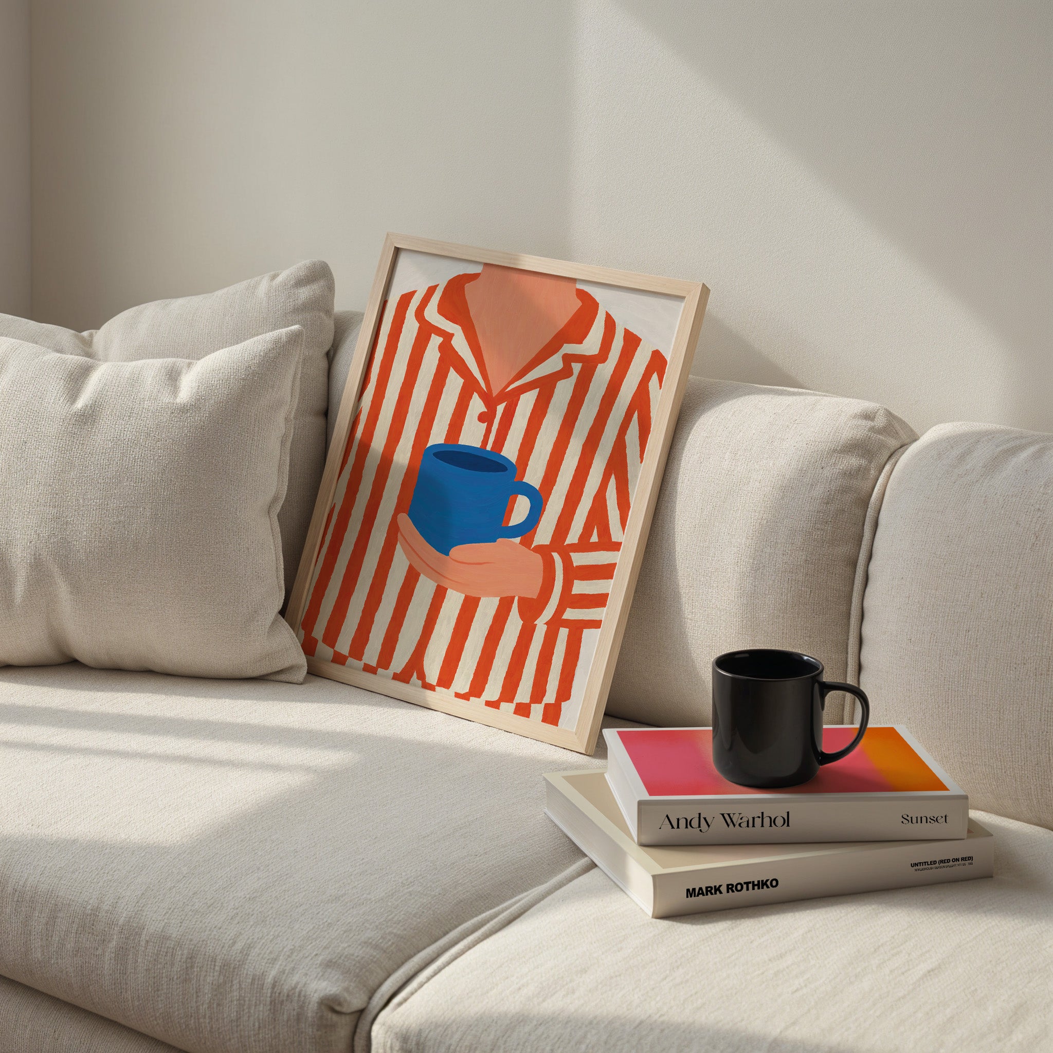 striped pajama coffee illustration poster cozy morning lifestyle wall art print