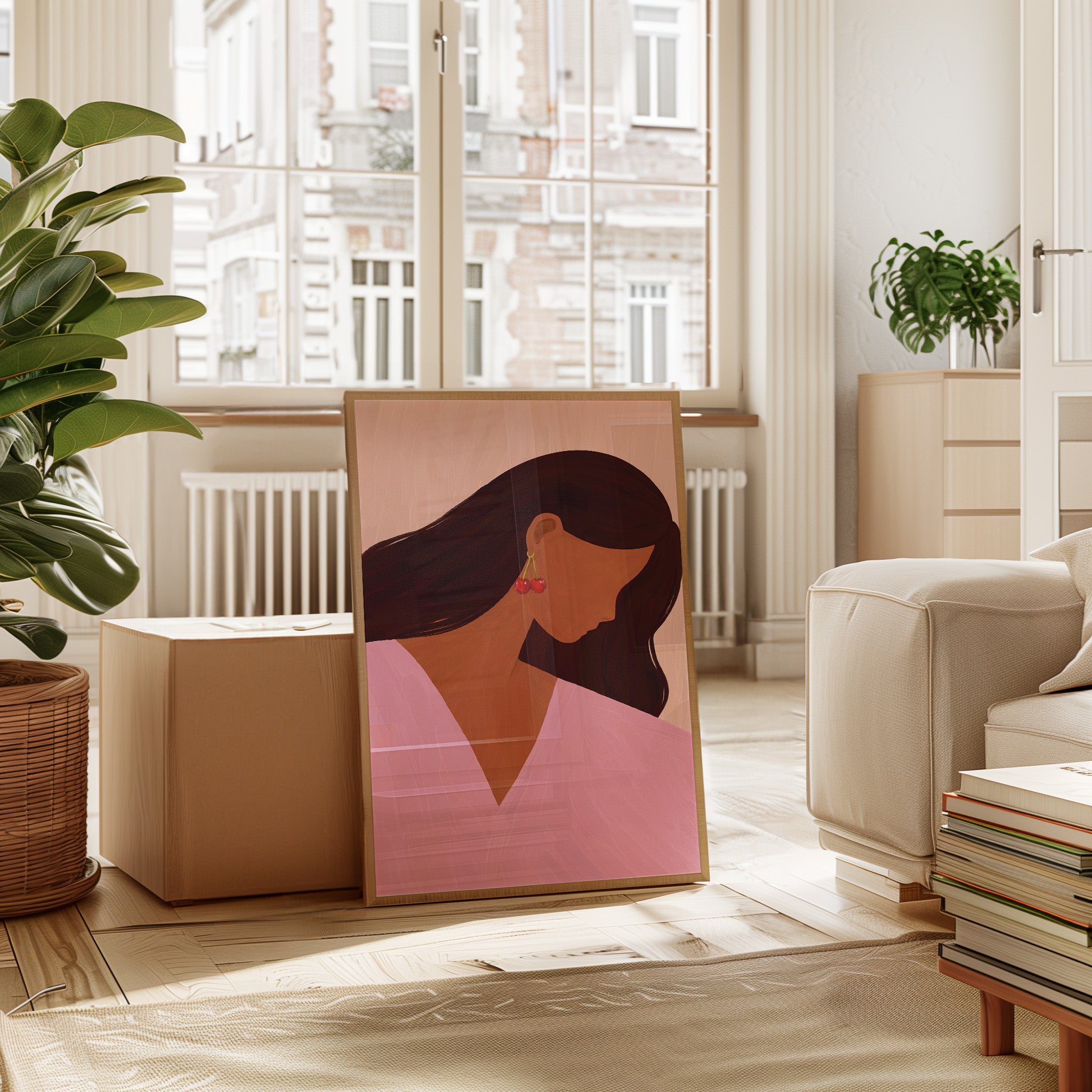 modern feminine portrait illustration with cherry earrings minimalist woman wall art