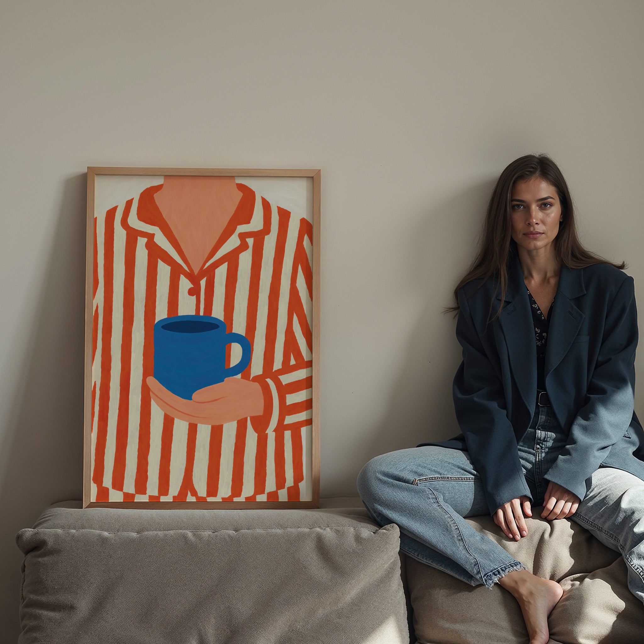 striped pajama coffee illustration poster cozy morning lifestyle wall art print