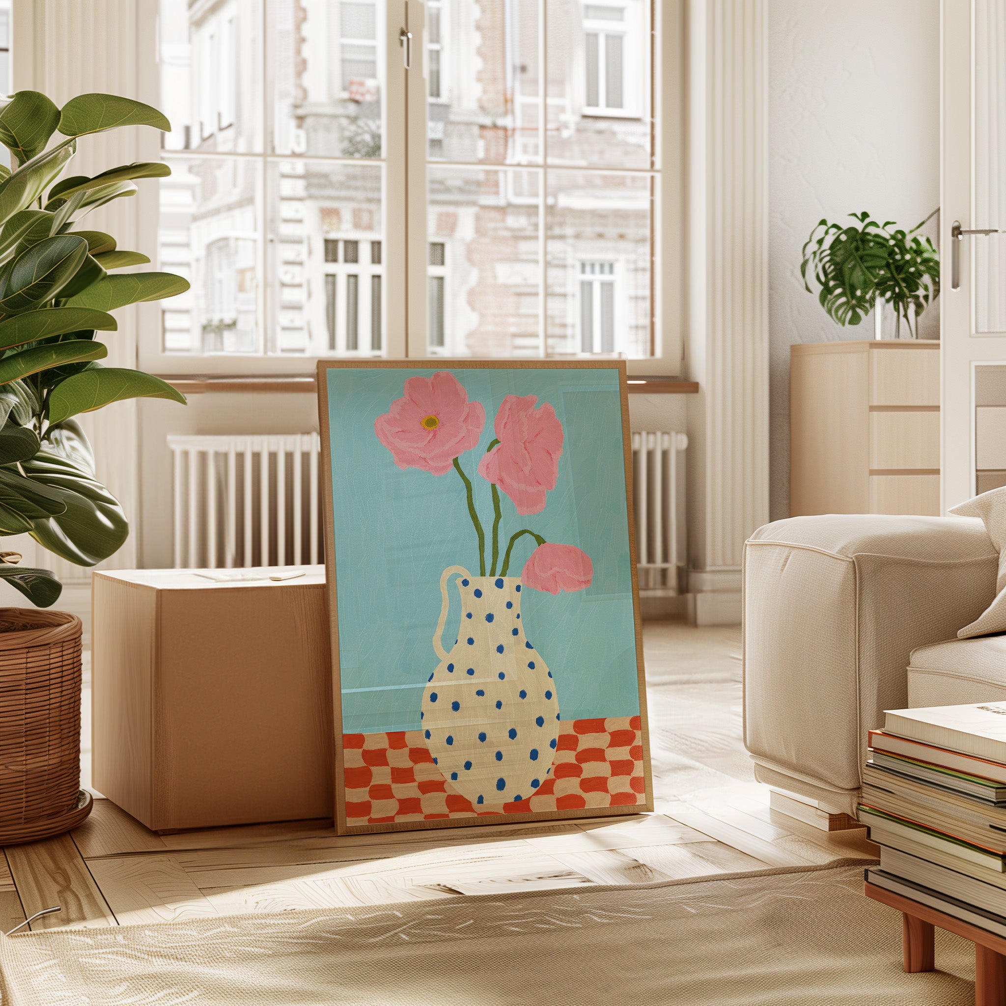 pink flowers in polka dot vase modern floral illustration wall art