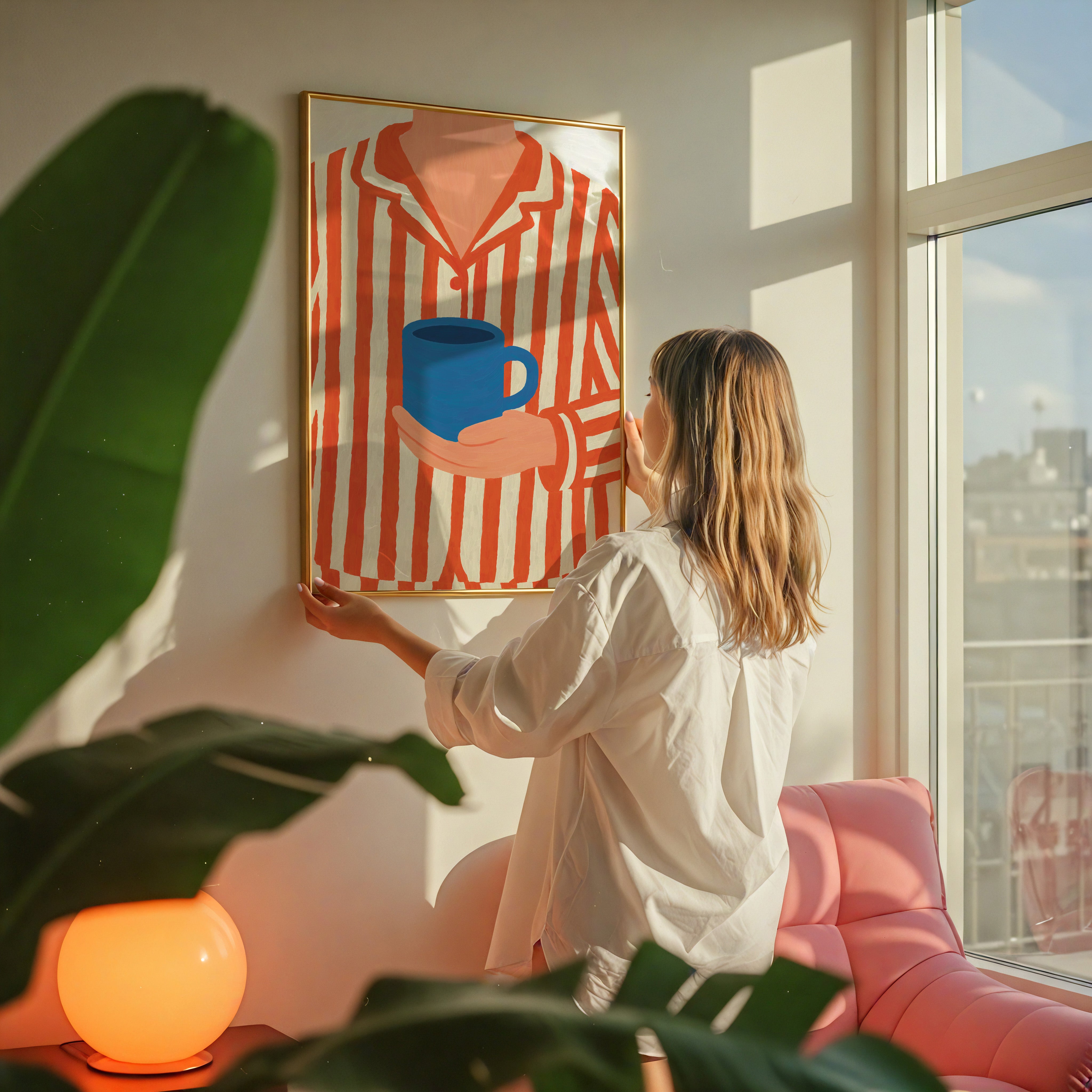 striped pajama coffee illustration poster cozy morning lifestyle wall art print