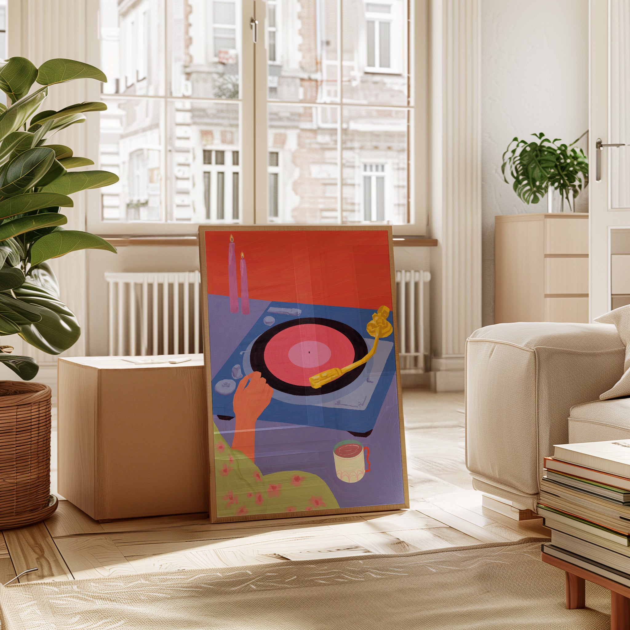 modern illustration of vinyl record player turntable music lover wall art