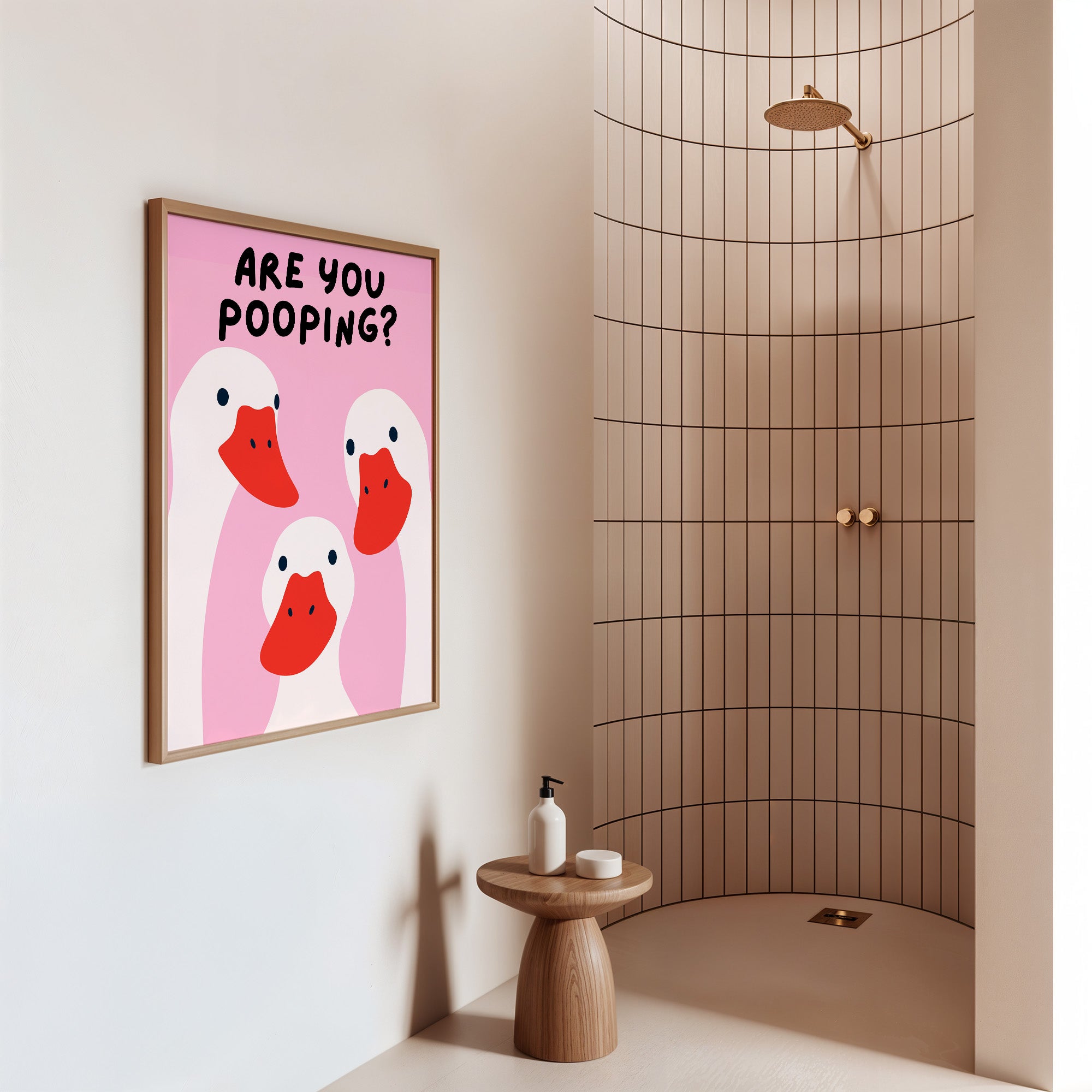 Bathroom with a pink poster asking 'Are you pooping?' and a shower enclosure.