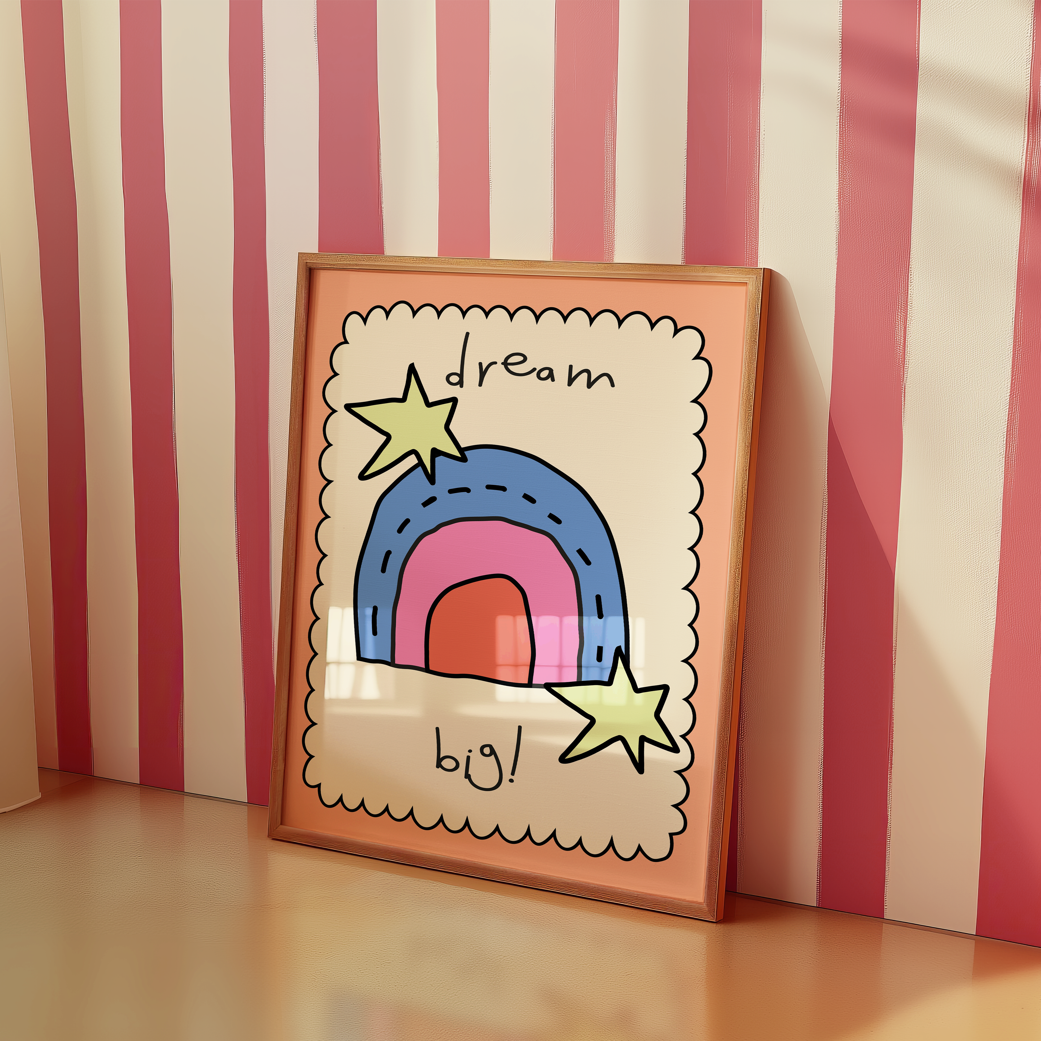 a picture frame with a drawing of a rainbow