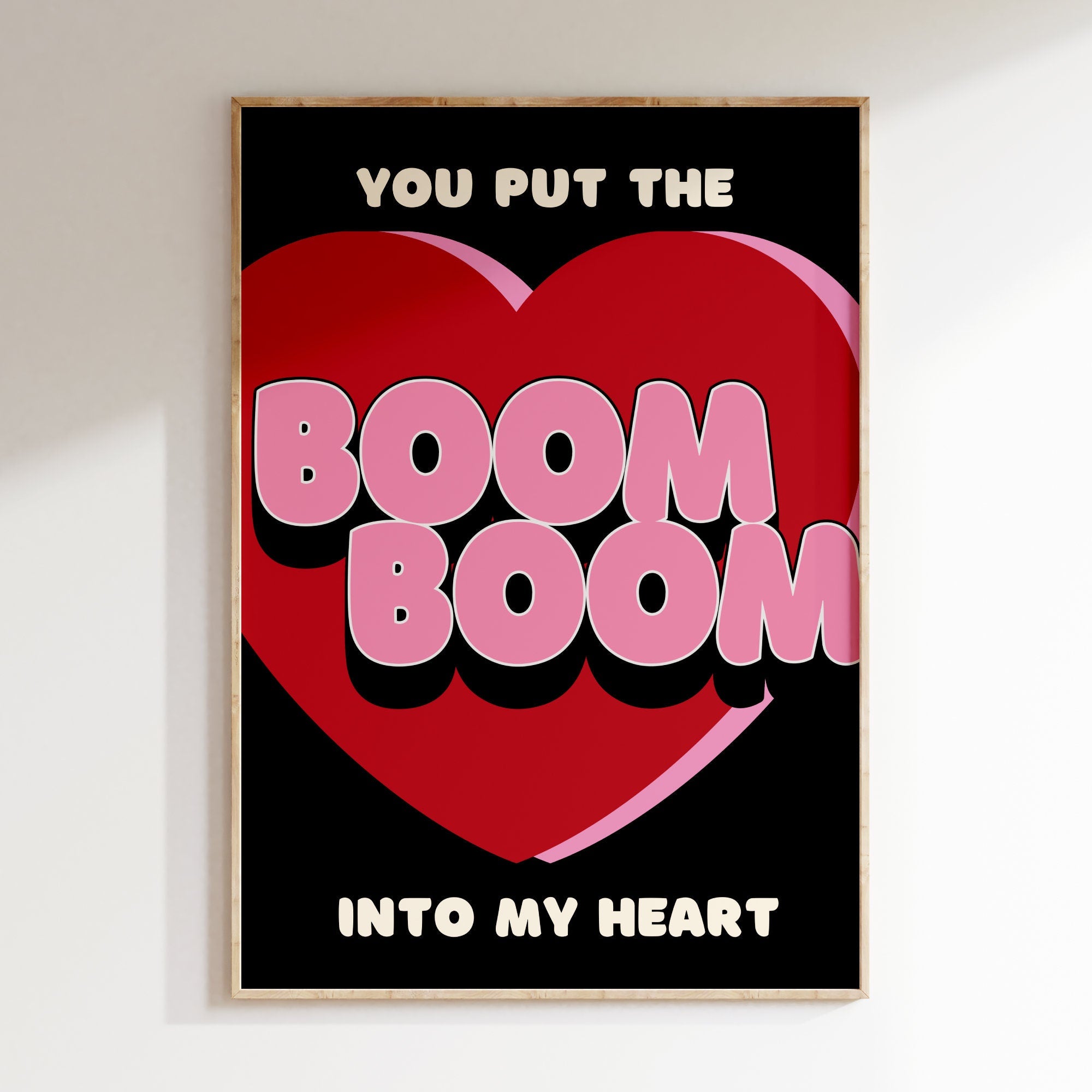 Boom Boom Into My Heart retro black  print in oak frame, red heart with bubble lettering on pink