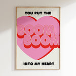 Boom Boom Into My Heart retro print in oak frame, pink heart with bubble lettering on cream