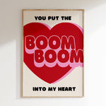 Boom Boom Into My Heart retro print in oak frame, red heart with bubble lettering on cream
