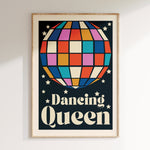 Dancing Queen retro print in oak frame, navy background with multicoloured disco ball