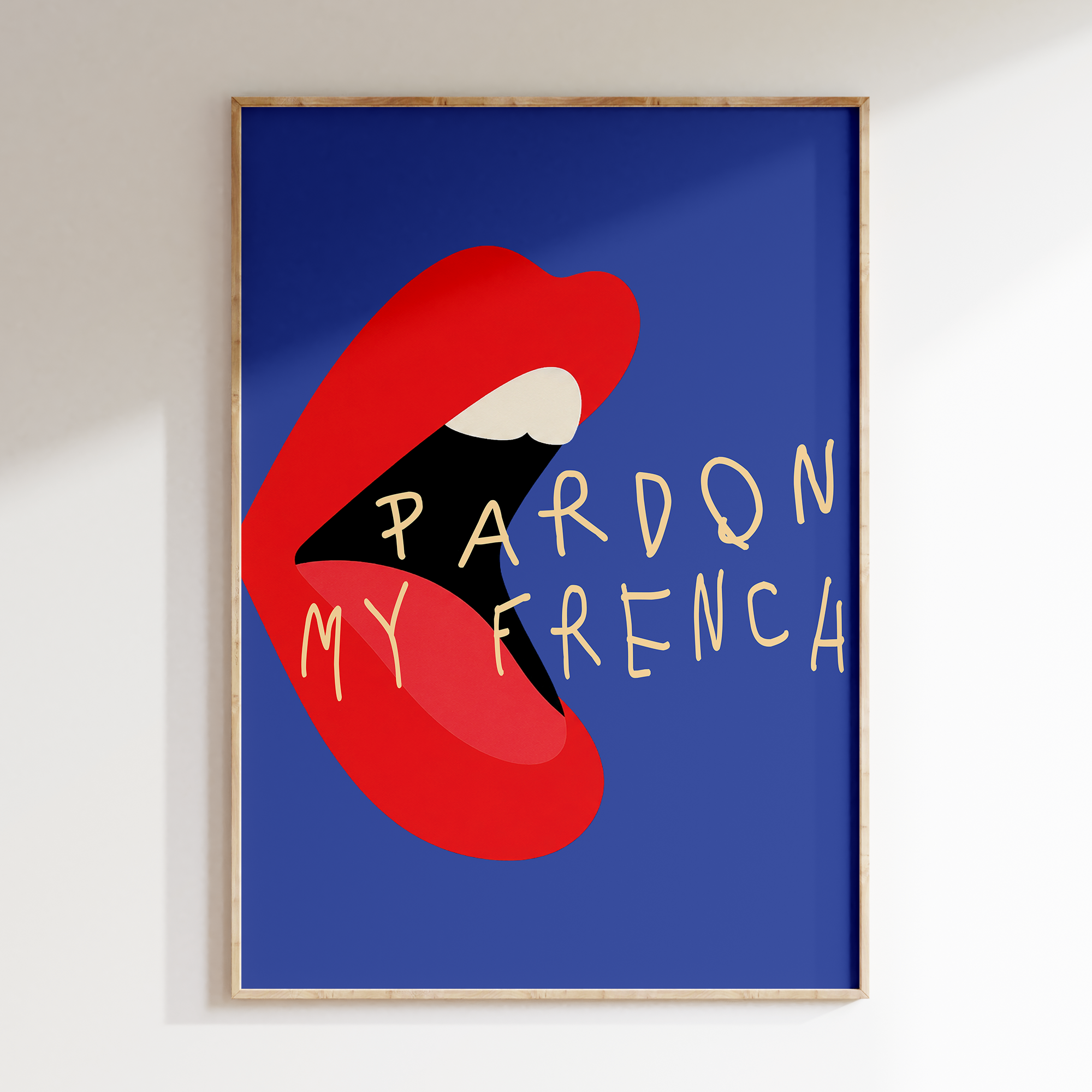 Pardon My French retro print in oak frame, red lips with lettering on blue